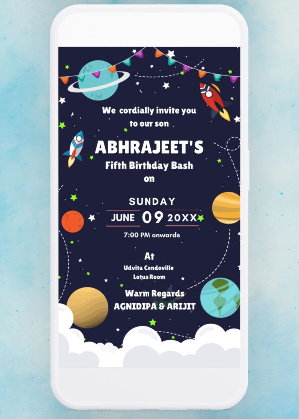 Space Theme Birthday Invitation E-Card Canva Editable Template B247078 featuring space elements and a dark blue theme.