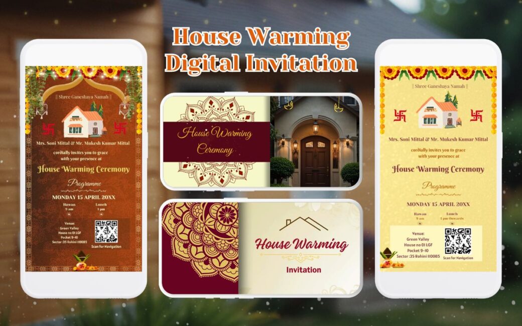 Flyer showcasing different housewarming invitation designs displayed on multiple smartphones