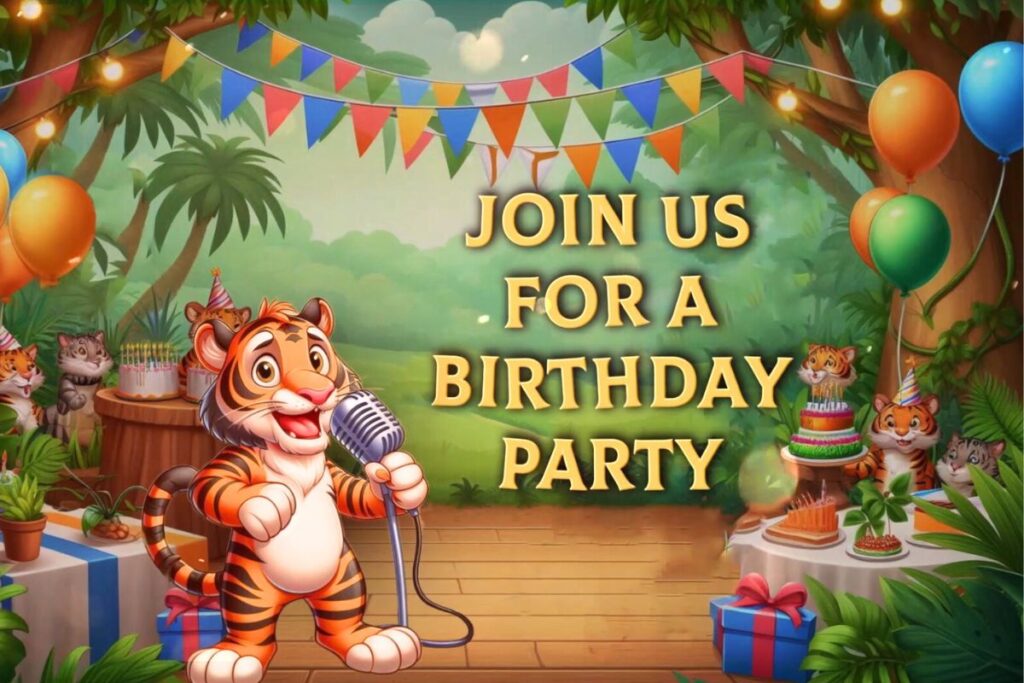 Bespoke Jungle-Themed Birthday Invitation with Custom Elements and Tropical Foliage