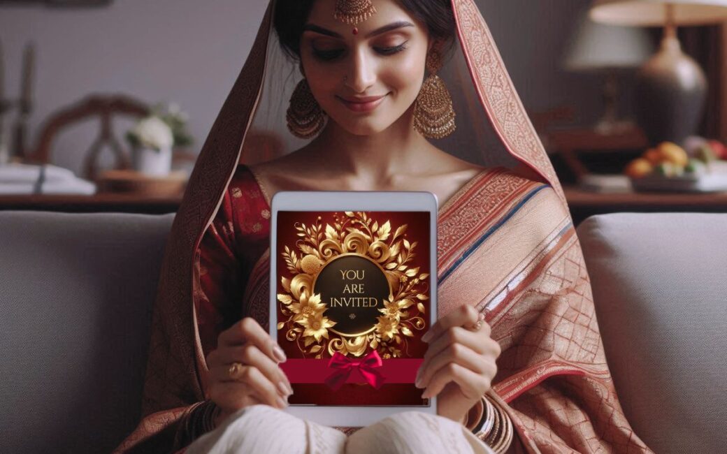 A woman in a saree, seated on a sofa, holding a tablet with a digital invitation featuring a luxurious golden theme and 'You Are Invited' text.