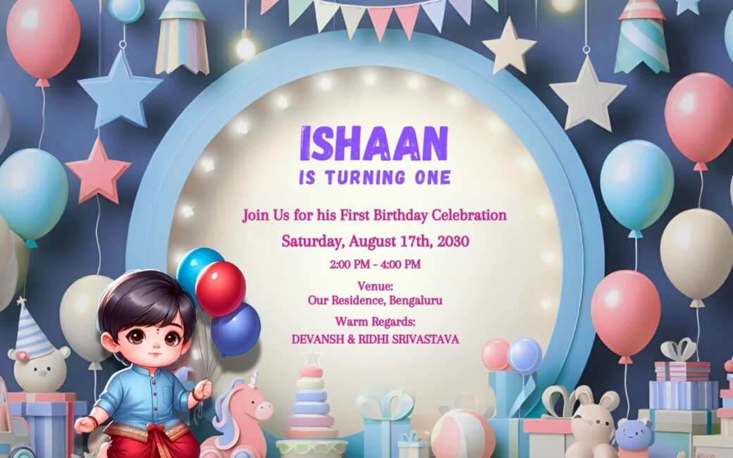 First Birthday Invitation Card Design with Baby Boy Caricature