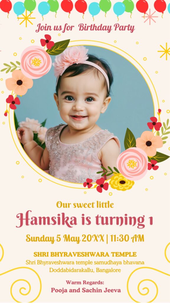 First Birthday invitation card design of Baby girl Hamsika who is turning 1