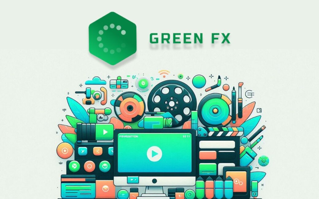 Showcasing Green FX's diverse range of digital services with vibrant film reels and video editing tools