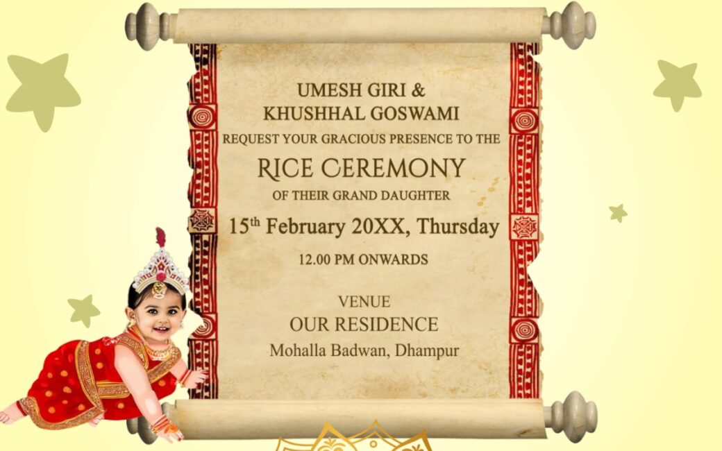 Rice feeding ceremony invitation card design featuring a baby girl in a red traditional saree on an old letter paper-style background.