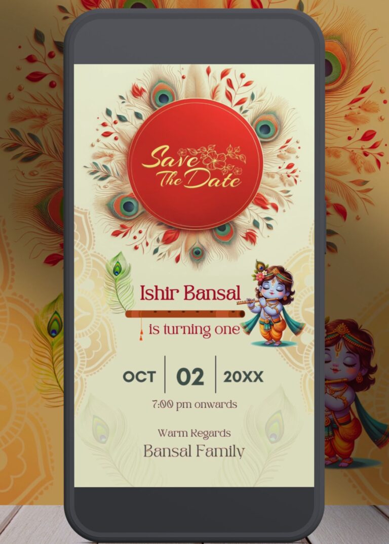 Krishna Theme First Birthday Save the Date Video B249431 displayed on smartphone mockup.