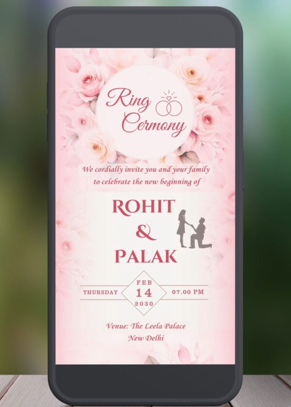 Floral Romance Engagement Invitation with design code R249324 displayed on a smartphone mockup, featuring a soft pink floral background and romantic proposal silhouette.