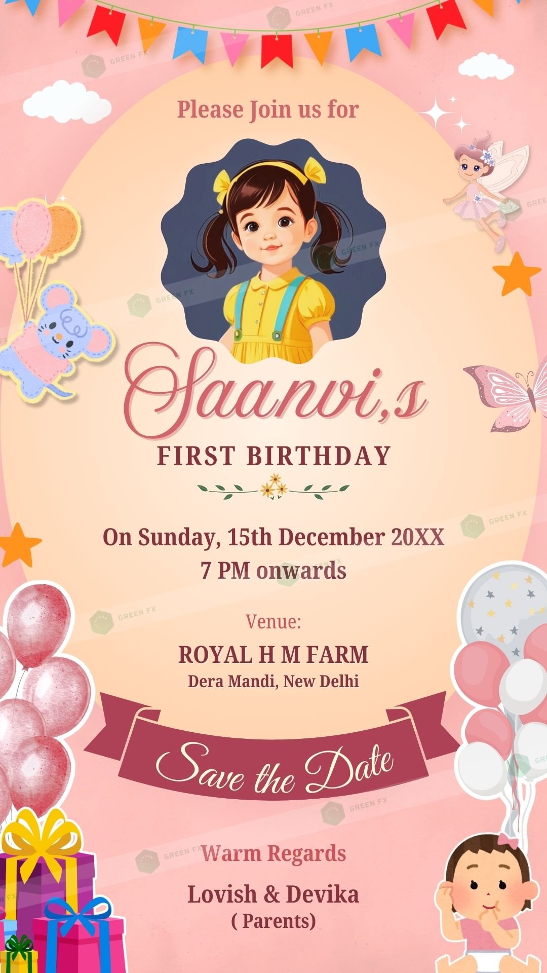 First Birthday Girl Invitation Template – Canva Editable Design with pink fairy-tale theme, balloons, and customizable photo section (Design Code: B255065)