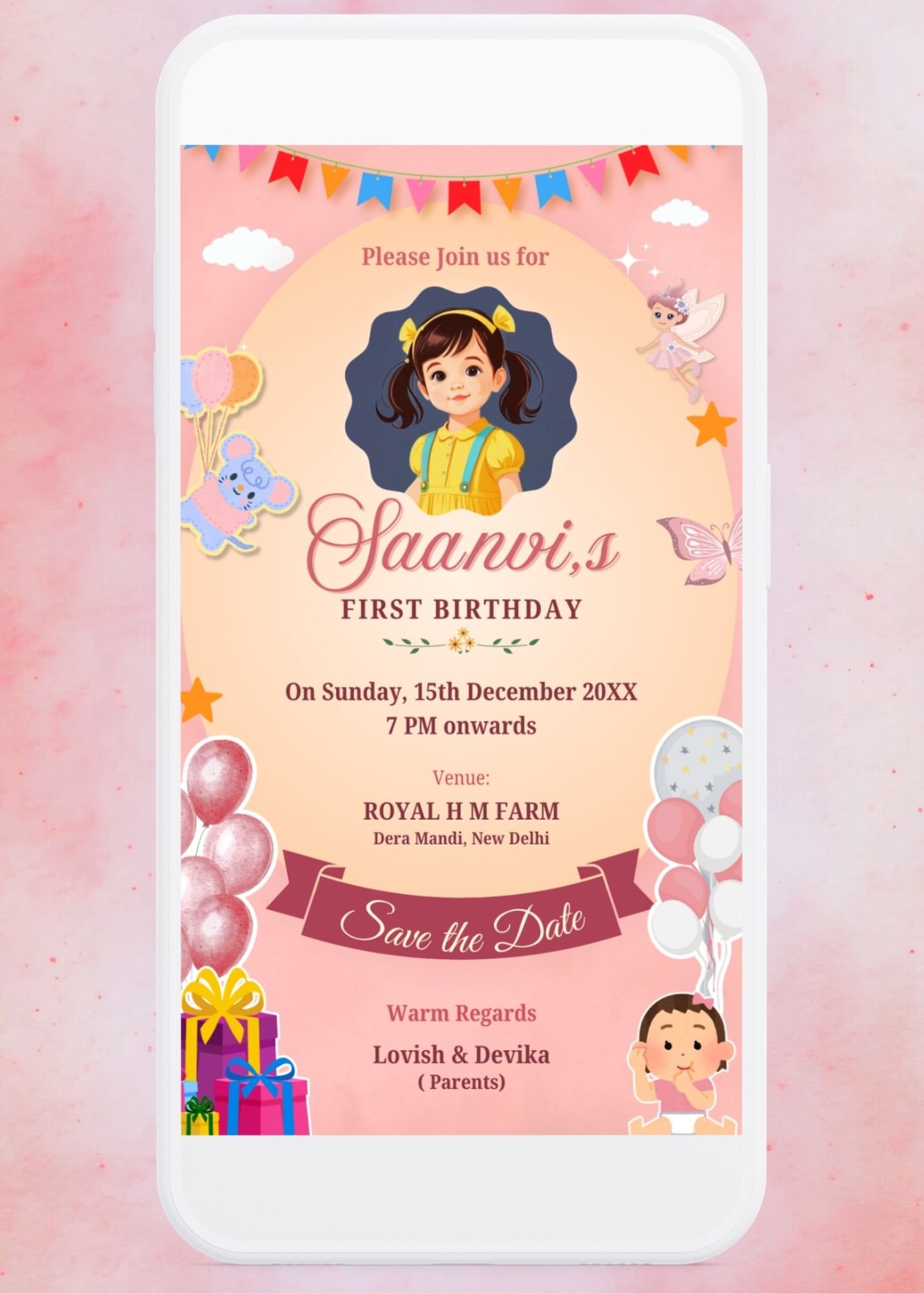 First Birthday nvitation for girls - Canva Editable Template Design Code B255065 Smartphone Preview