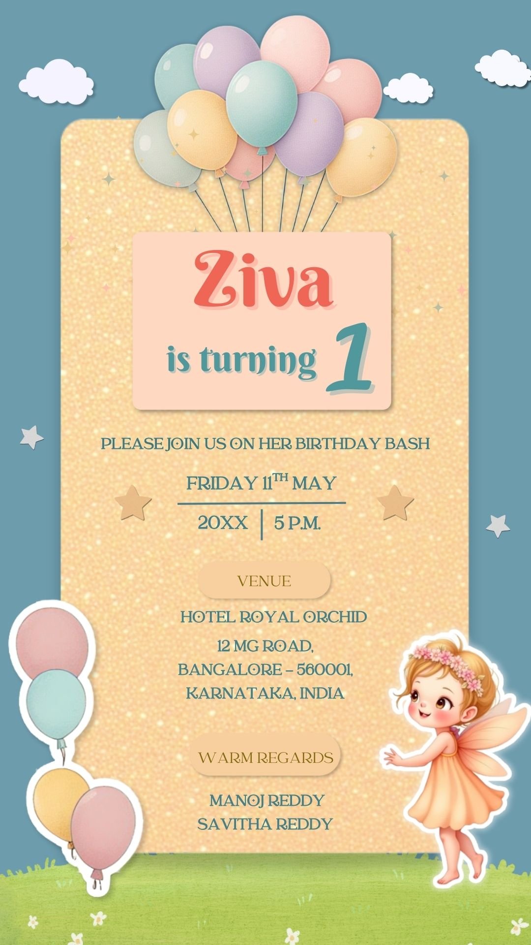 First Birthday Invitation card For girl Sky Blue Background B255979