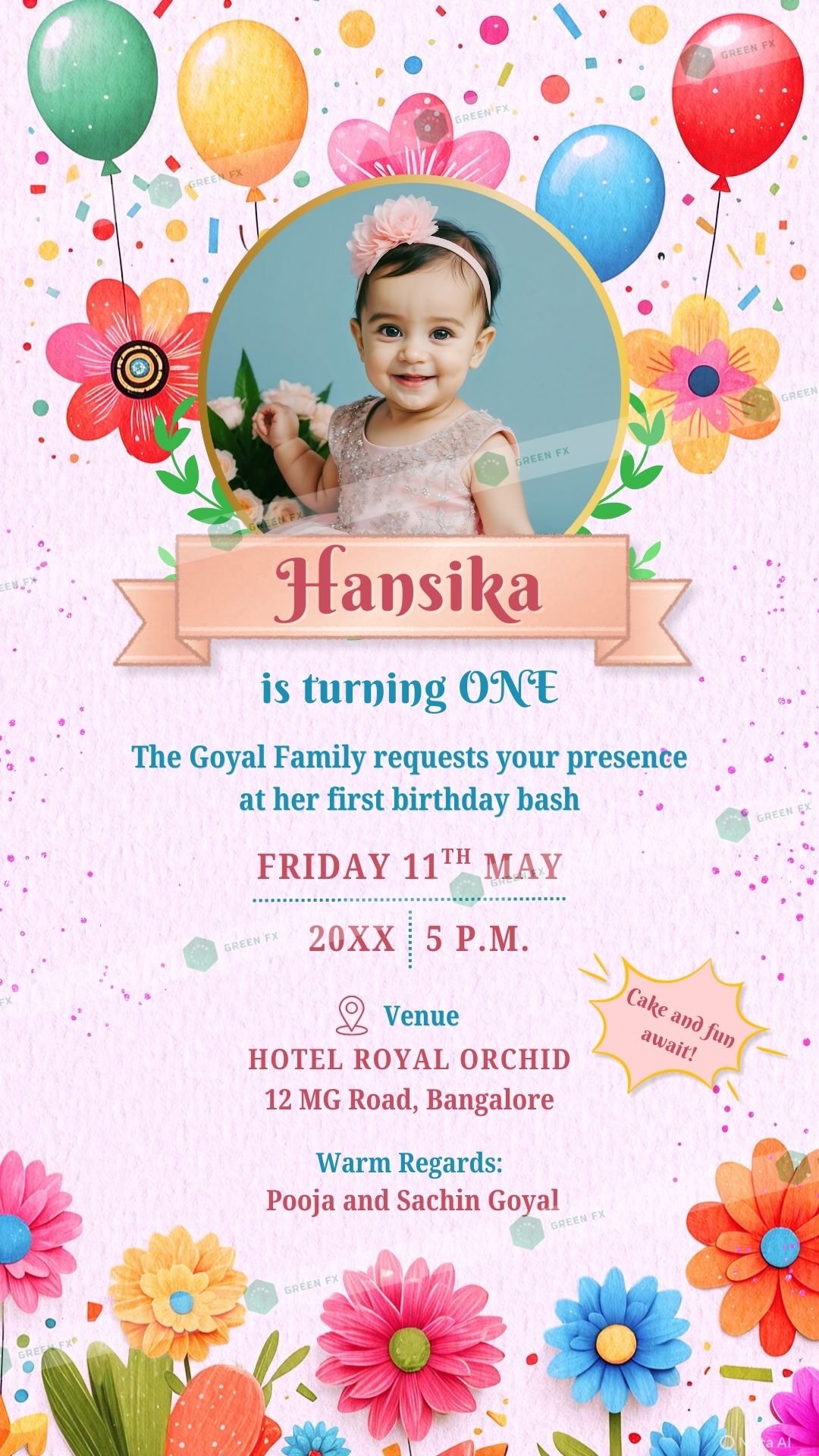 First birthday invitation card for baby girl B2551