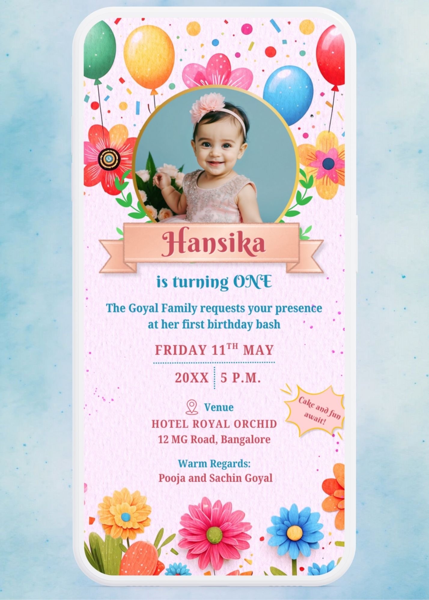 First birthday invitation card for baby girl elegant floral theme B2551 smpartphone preview