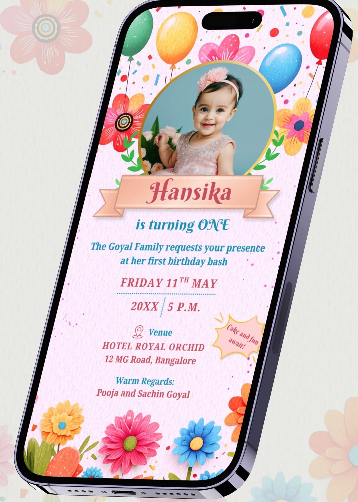 First birthday invitation card for baby girl elegant floral theme B2551 smpartphone second preview