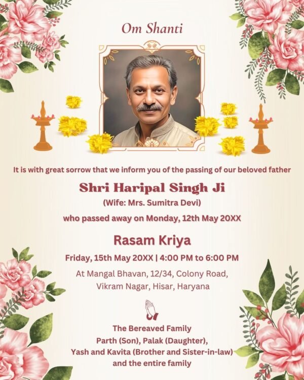 Rasam Kriya & Pagdi Ceremony Invitation (श्रद्धांजलि एवं शोक संदेश) Design code R255303, English Version