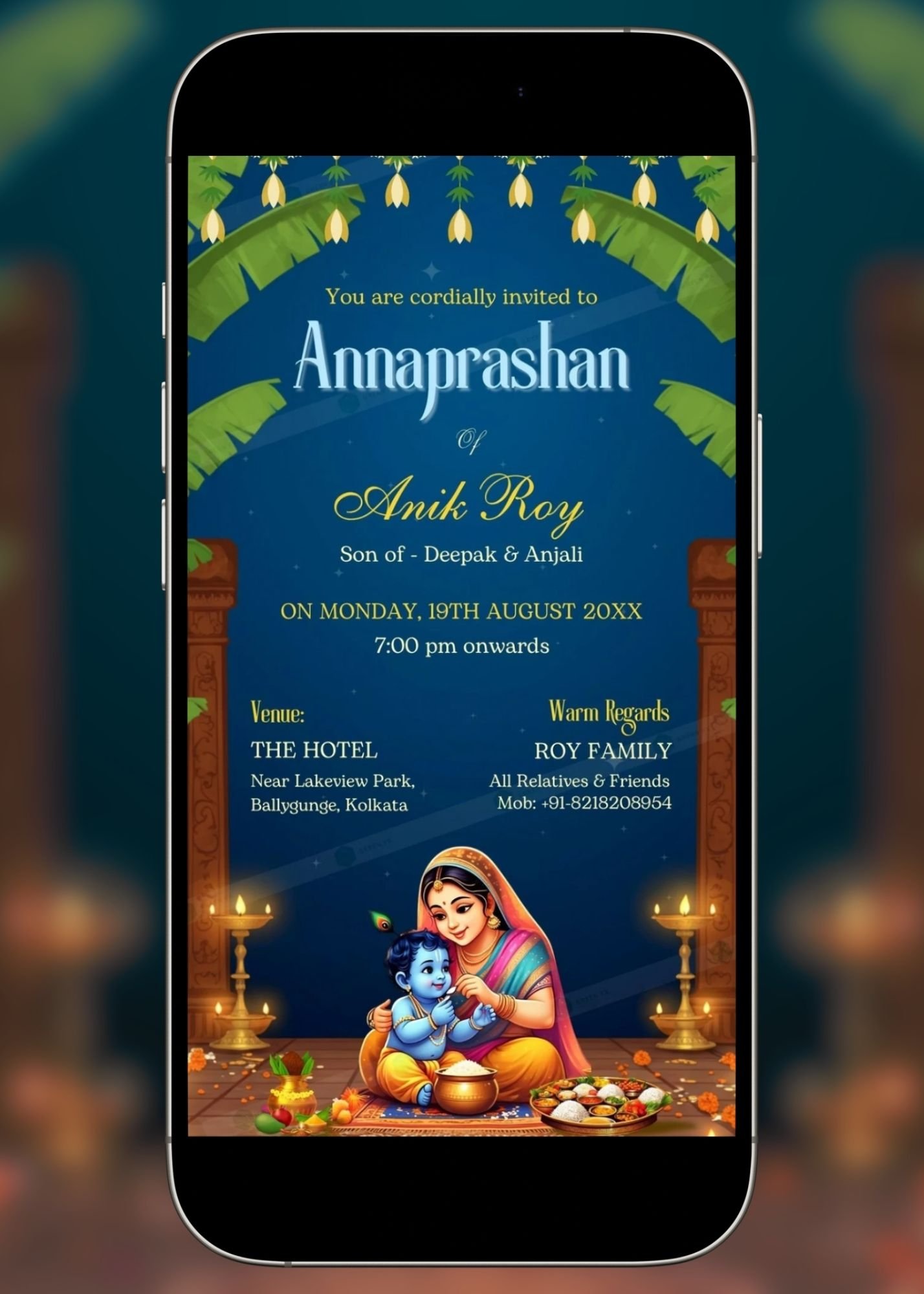 Smartphone preview of Annaprashan (Rice Feeding/Rice Ceremony) invitation card template design A256148, featuring a baby Krishna with mother illustration, event details, and traditional decorative elements on a blue background.