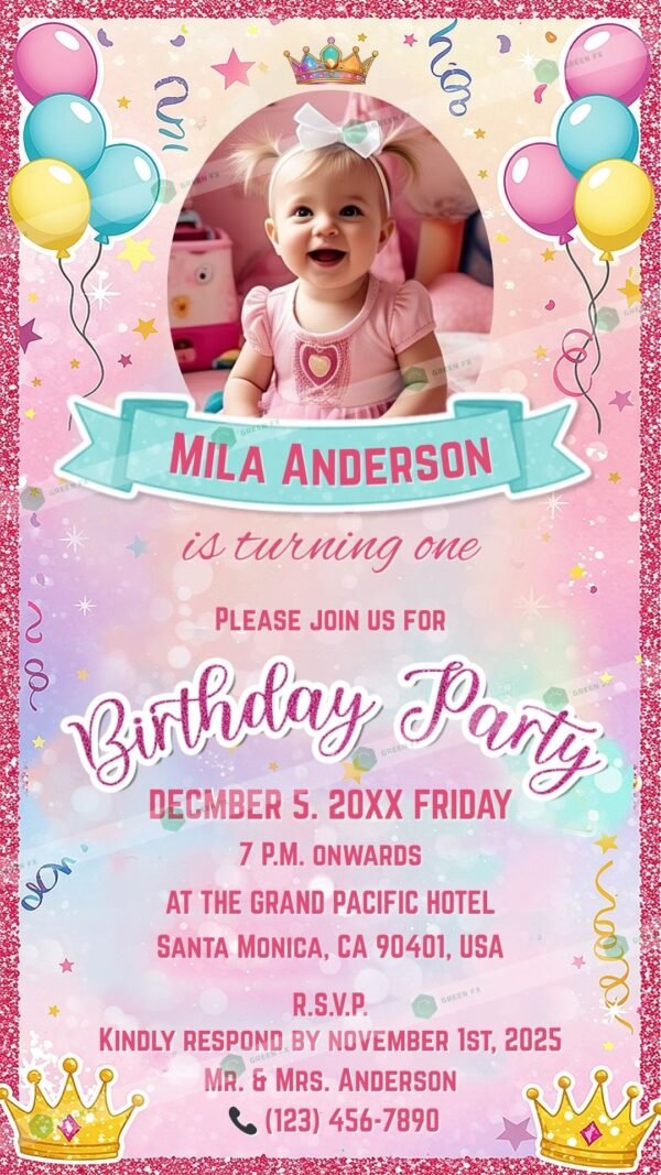 Princess and Pink Glitter first birthday invitation card for girls with balloons, crown, stars, and baby photo – Canva editable template – Design Code B256353