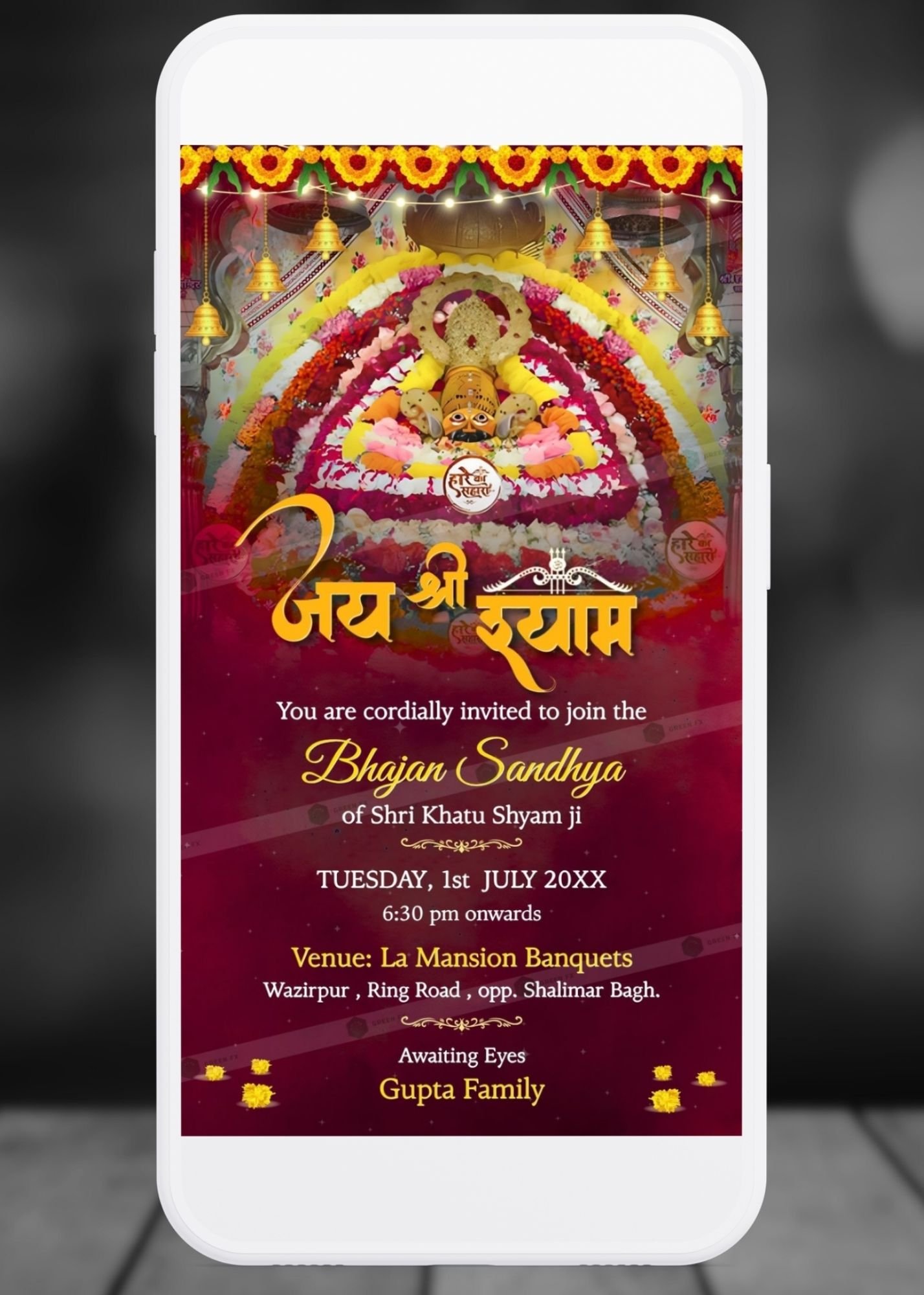 Khatu Shyam Kirtan Invitation E-Card with red background – mobile preview of editable Canva template for Shyam Bhajan Sandhya or Kirtan event.