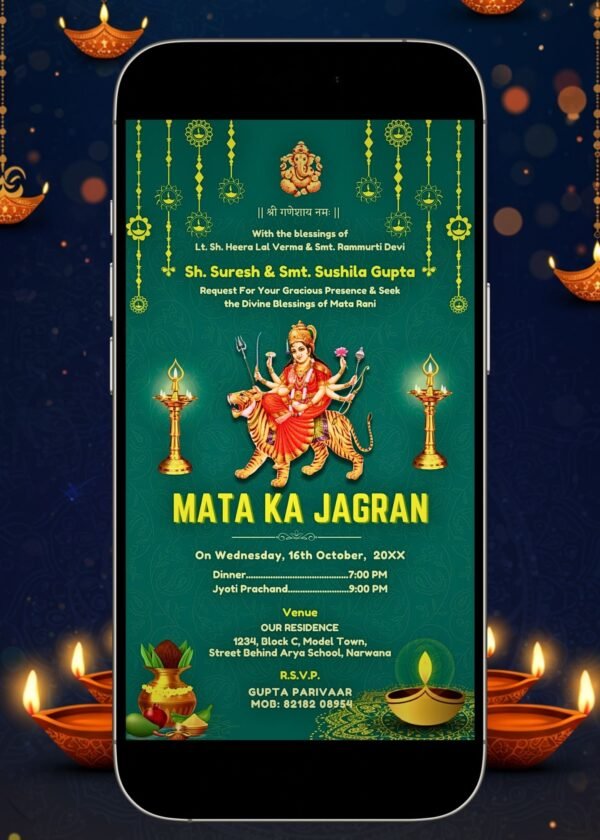 Mata Ka Jagran Invitation Canva Template with Emerald Green background shown on mobile screen, featuring Goddess Durga and traditional festive elements