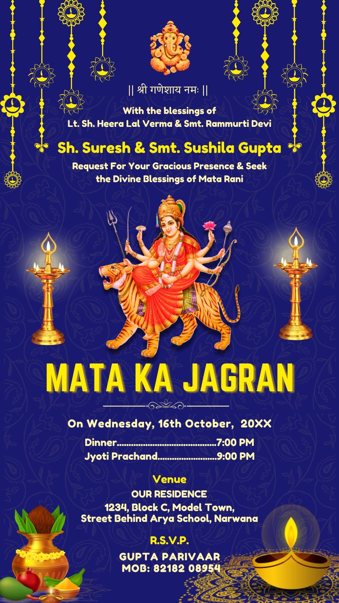Mata Ka Jagran Invitation Card J256612 Midnight Blue Background