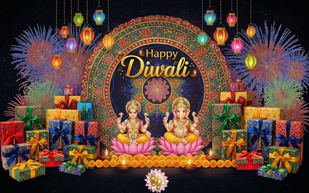 A vibrant Diwali greeting card featuring Goddess Lakshmi and Lord Ganesha, surrounded by fireworks, gift boxes, and hanging lanterns.