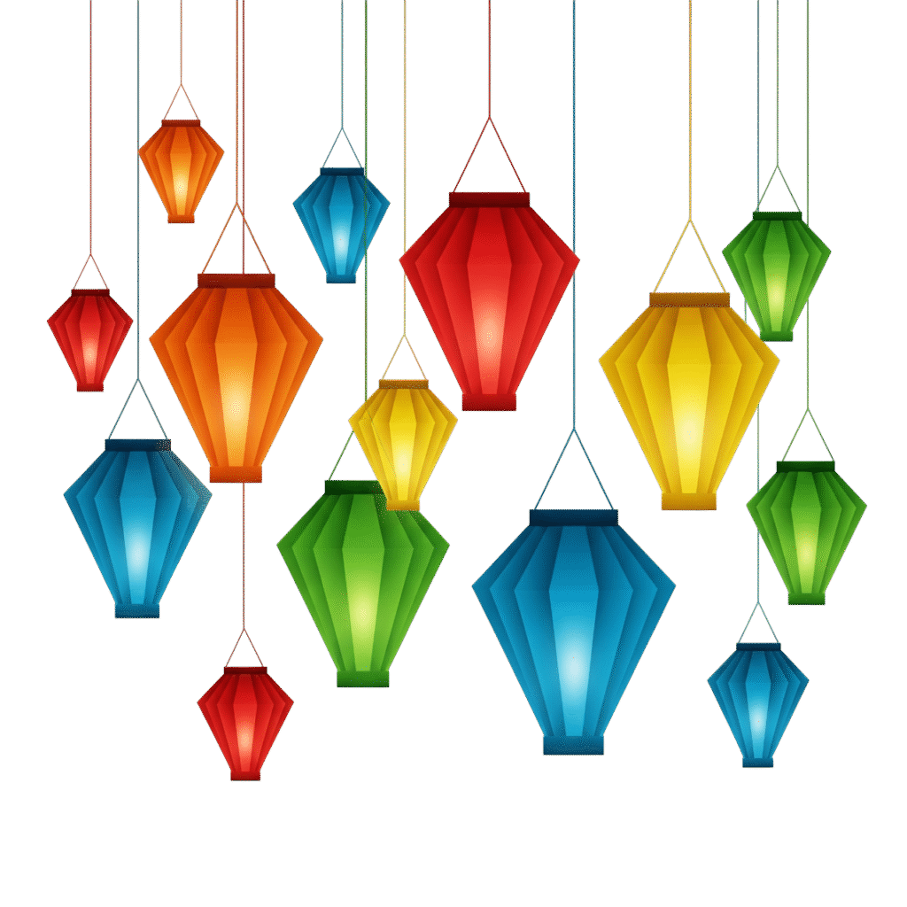 A group of colorful hanging paper lanterns (kandil) for Diwali celebrations.