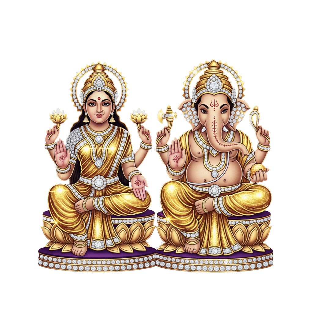 A detailed illustration of Goddess Lakshmi and Lord Ganesha seated together for Diwali puja.