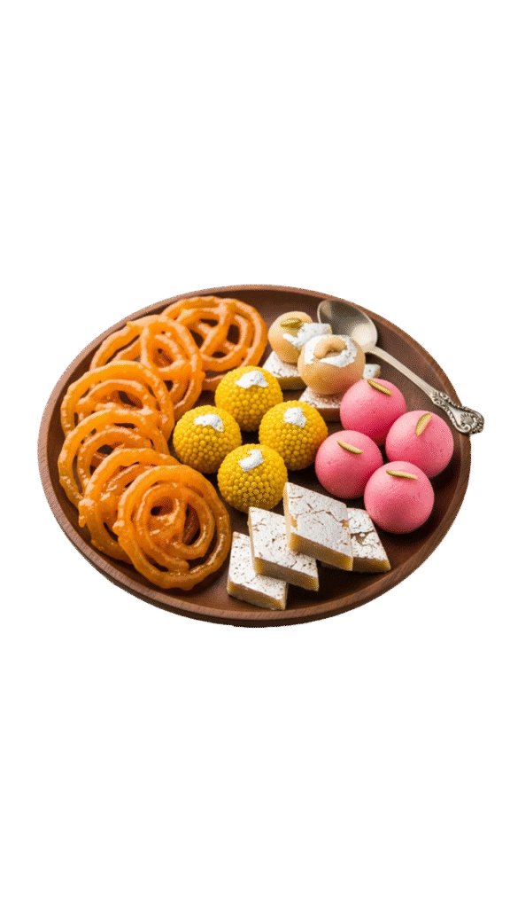 A wooden plate with an assortment of traditional Indian sweets (mithai) for Diwali.