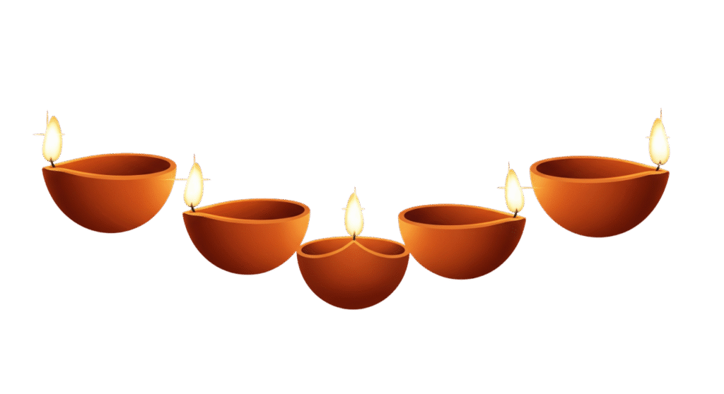 A simple, clean row of five lit terracotta diyas for Diwali.