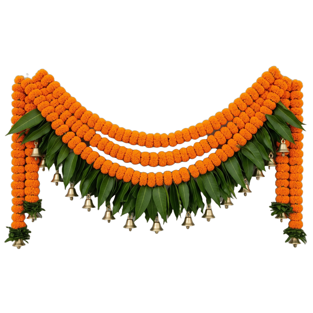 A traditional Diwali toran made of marigold flowers, mango leaves, and brass bells.