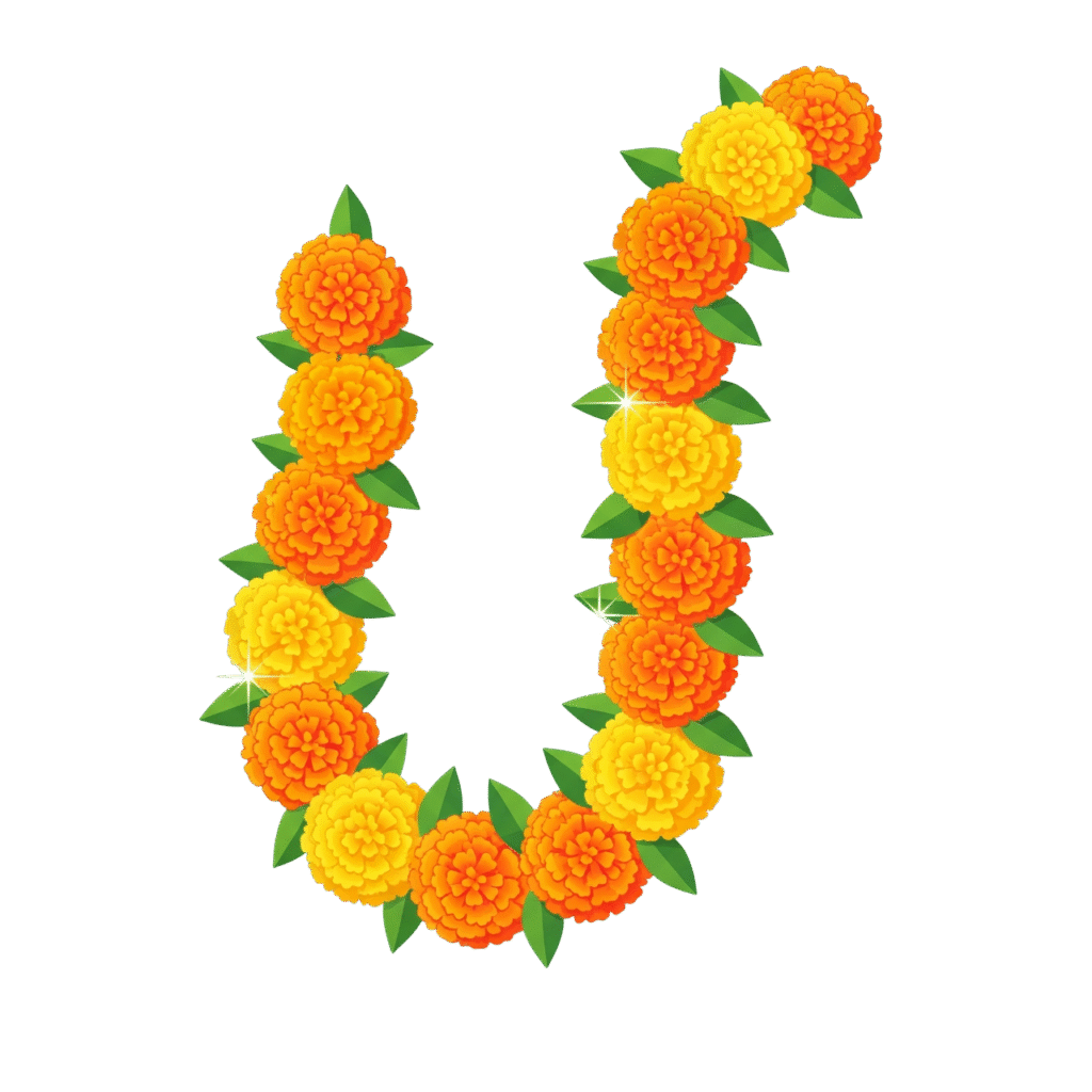 A U-shaped garland (mala) made of vibrant orange and yellow marigold flowers.