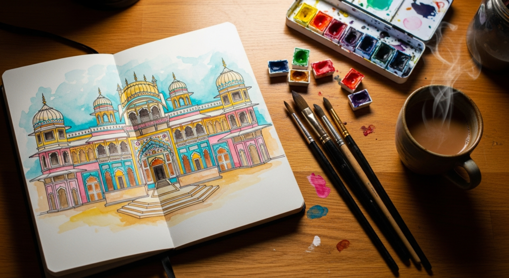 Artist's desk with a watercolor sketch of a wedding venue, showcasing the trend of custom artistic illustrations in invitations