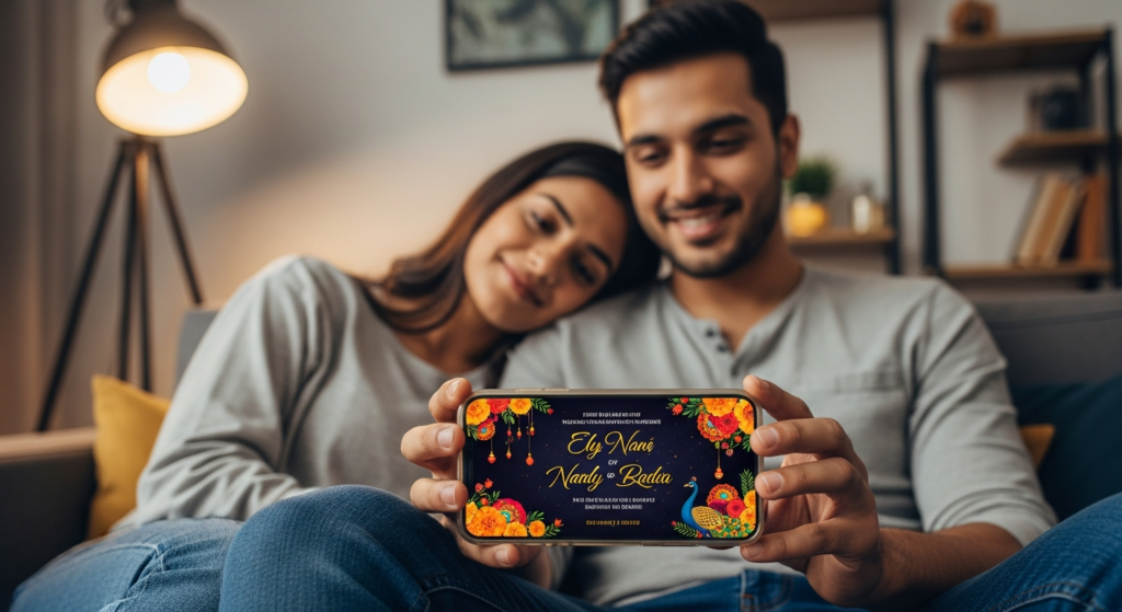AI image of a Couple viewing their animated digital wedding invitation on a smartphone, representing the trend of digital warmth and storytelling.
