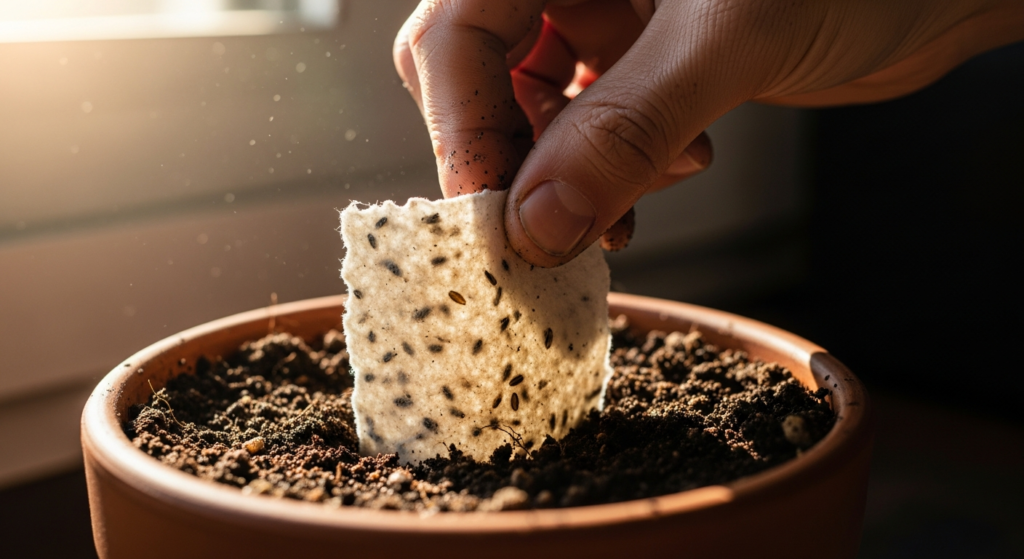 Hand planting a seed paper wedding invitation into soil, highlighting sustainable and eco-friendly wedding trends.