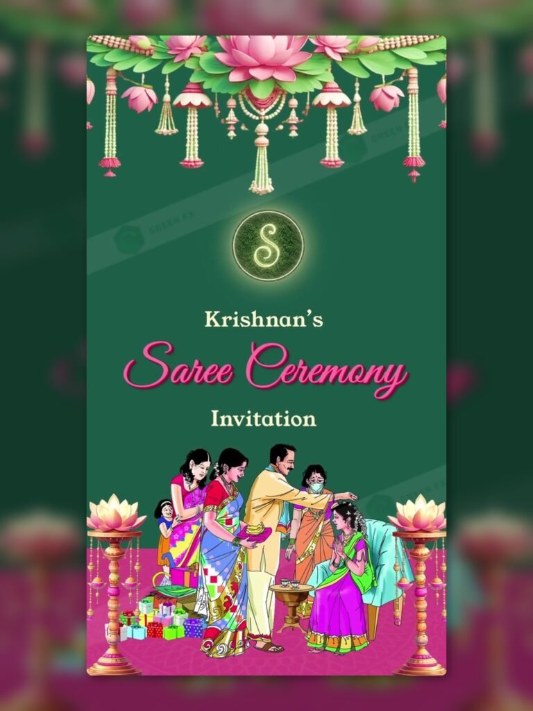 South Indian Half Saree Ceremony Invitation with traditional floral design, deep green backdrop, and gold accents