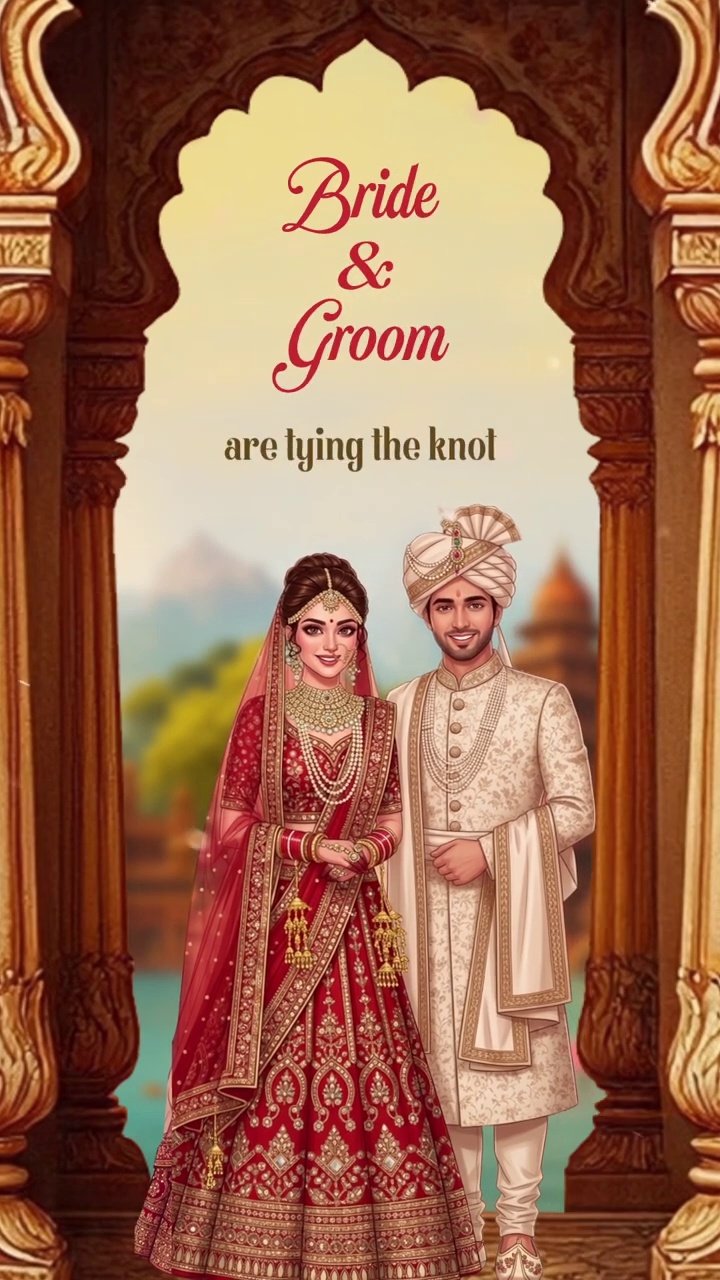 Caricature illustration of a wedding couple with subtle South Indian cultural background elements.