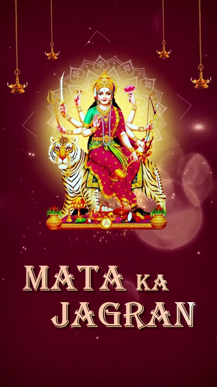 Spiritual video invitation featuring high-definition Maa Durga imagery with elegant maroon and gold traditional Indian motifs.