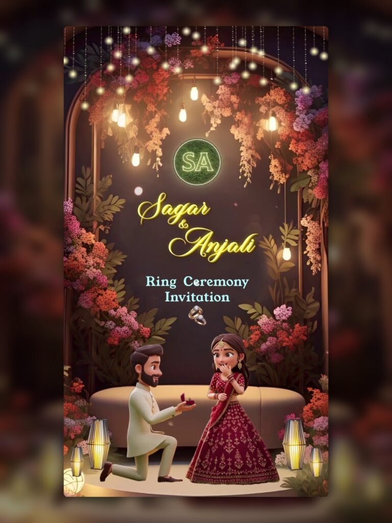 Whimsical Ring Ceremony video invitation featuring a 3D animated couple in an enchanted garden with traditional Indian motifs and neon borders.
