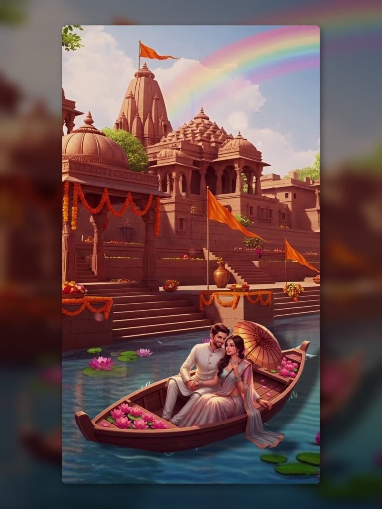 Cinematic Save the Date invitation featuring a grand Hindu temple, stone ghats with marigold garlands, and a couple in a boat on a lotus-filled water body under a rainbow and bokeh lights.