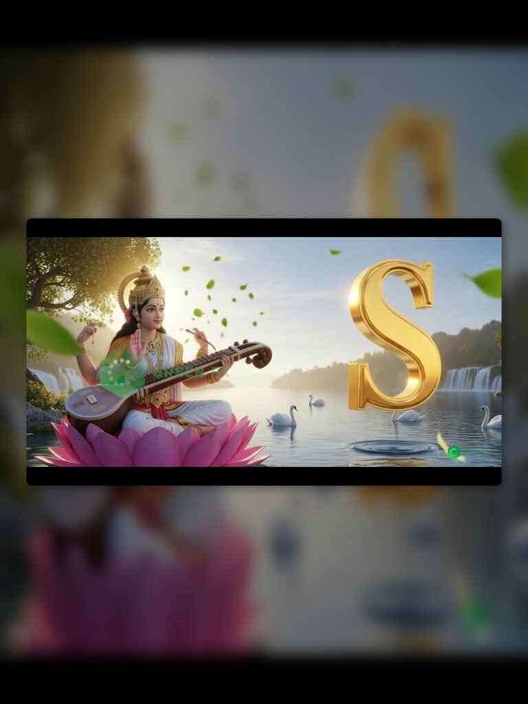 Cinematic baby girl name reveal video featuring Goddess Saraswati theme with golden 3D typography and cosmic purple backgrounds