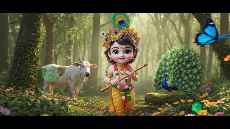 Cinematic digital invitation featuring Baby Krishna theme for a professional baby name reveal video announcement