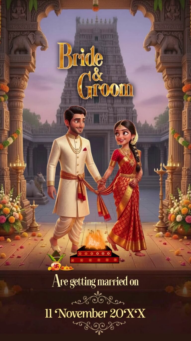 3D animated South Indian couple in traditional attire standing before a majestic stone temple gopuram with a holy fire and floral decorations