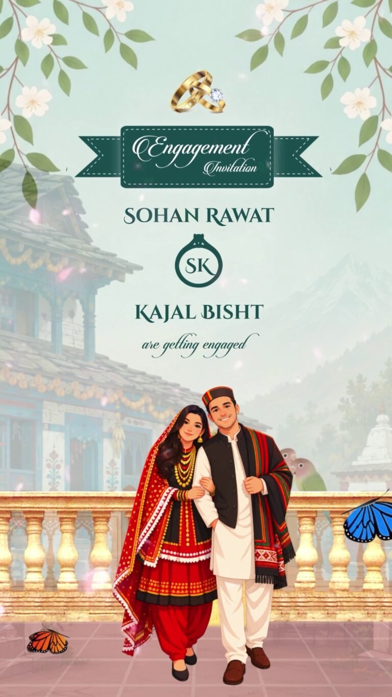 A digital engagement invitation illustration featuring a couple in traditional Garhwali attire standing on a terrace overlooking the Himalayas with a classic wooden house in the background.