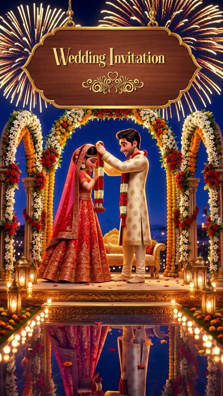 3D animated Indian wedding couple performing varmala ceremony under fireworks and floral arches with lanterns and a reflecting pool