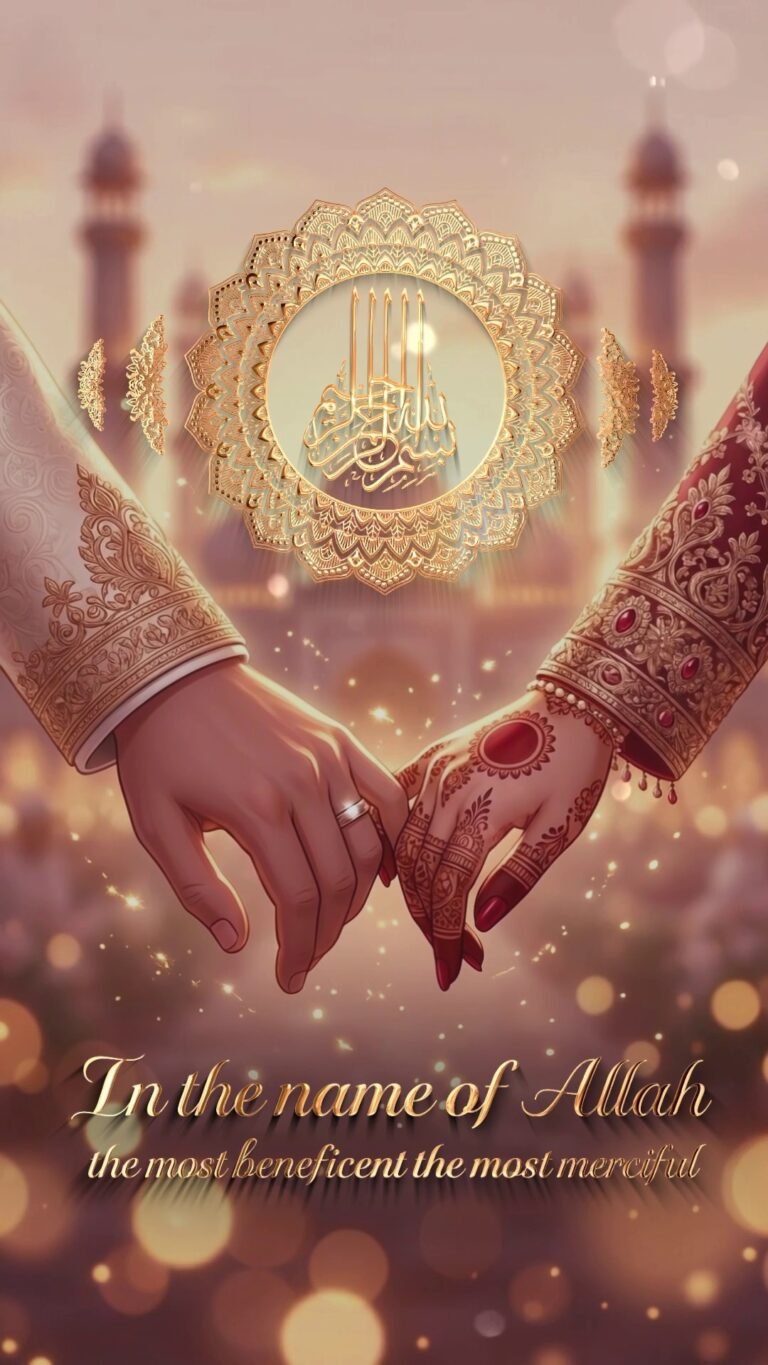 Digital wedding invitation thumbnail featuring a close-up of a couple holding hands with traditional mehndi and sherwani, adorned with a golden Bismillah medallion and soft bokeh mosque background.