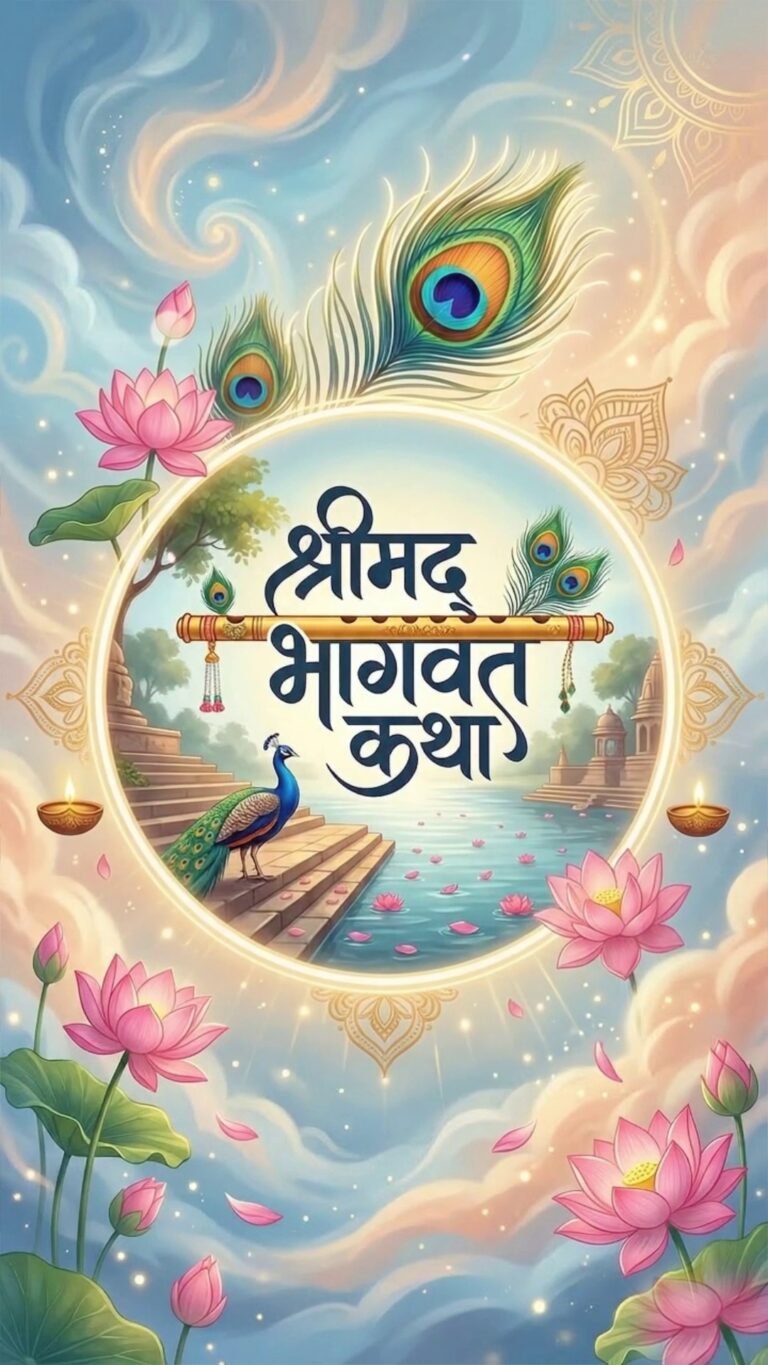 Digital Shrimad Bhagwat Katha invitation featuring a peacock on a river bank with pink lotuses and a golden flute emblem