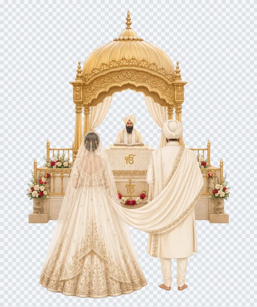 Illustration of a Sikh wedding ceremony with a bride and groom in traditional attire facing a Granthi under a golden mandap.