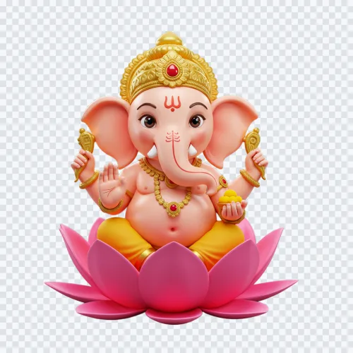 Adorable Bal Ganesha illustration sitting on a pink lotus with golden crown, jewelry, and traditional Hindu devotional styling.