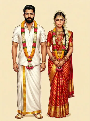 Traditional South Indian Wedding Invitation Couple Digital Illustration Art