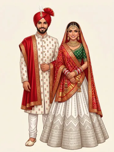 Luxury Traditional Sherwani And Lehenga Bridal Portrait Digital Illustration
