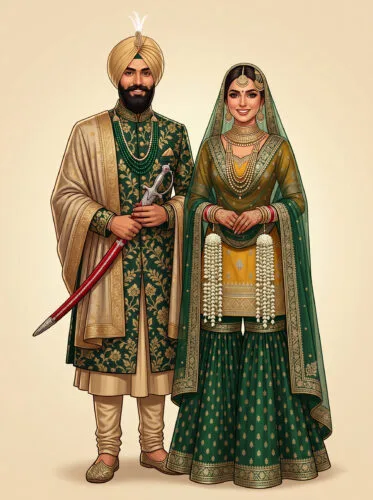 Punjabi Sikh Couple in Traditional Wedding Attire