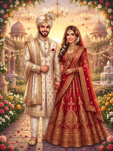 Elegant Indian Wedding Couple in Royal Garden Sunset